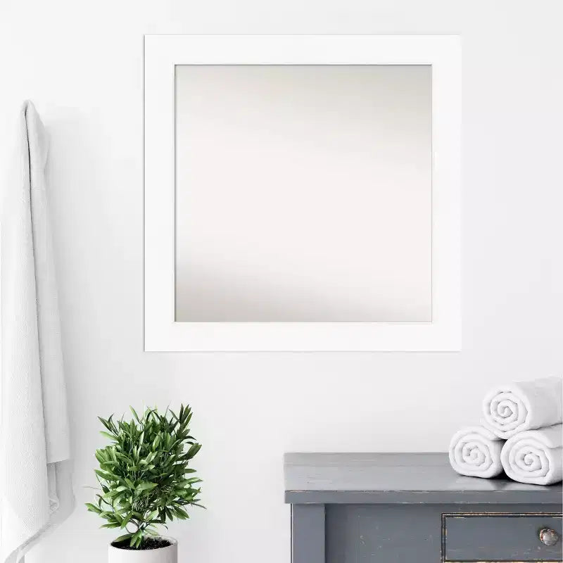 32" x 32" Non-Beveled Cabinet Bathroom Wall Mirror White - Amanti Art: Modern Square Polystyrene Frame, Wall Mount