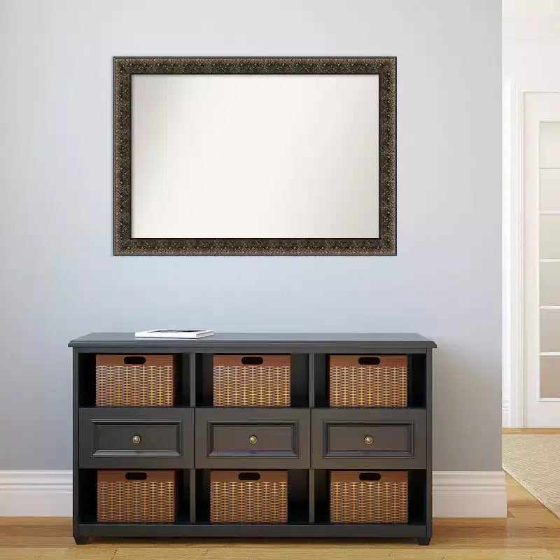 41" x 29" Non-Beveled Intaglio Embossed Black Wood Wall Mirror - Amanti Art: Modern Rectangular, Includes Mounting Hardware