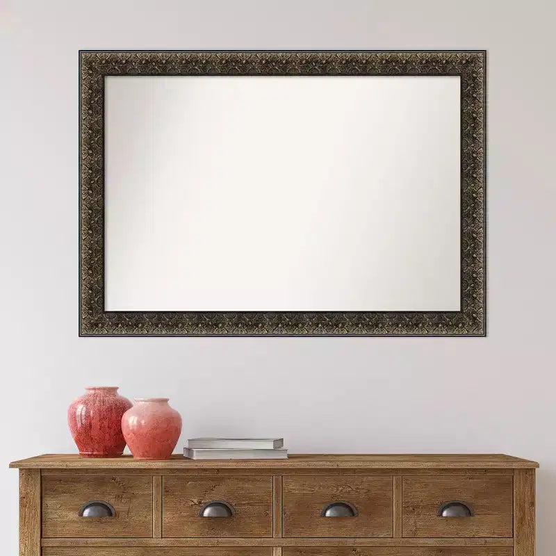 41" x 29" Non-Beveled Intaglio Embossed Black Wood Wall Mirror - Amanti Art: Modern Rectangular, Includes Mounting Hardware