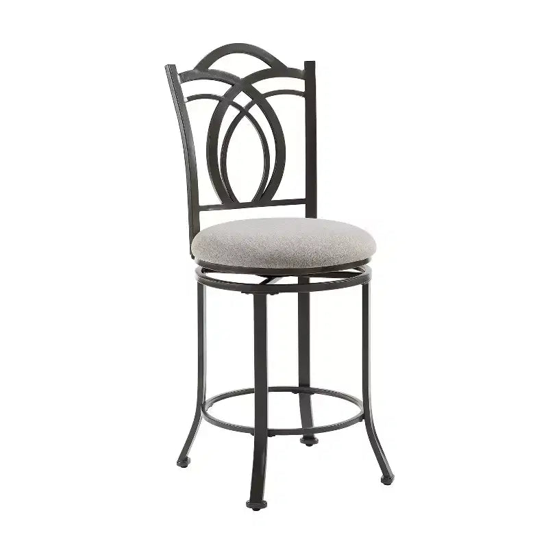 Linon Calif Metal Curved Patterned Backrest and Beige Padded 360 Degree Swivel Seat Counter Height Barstool Pewter: Upholstered, Powder-Coated Finish