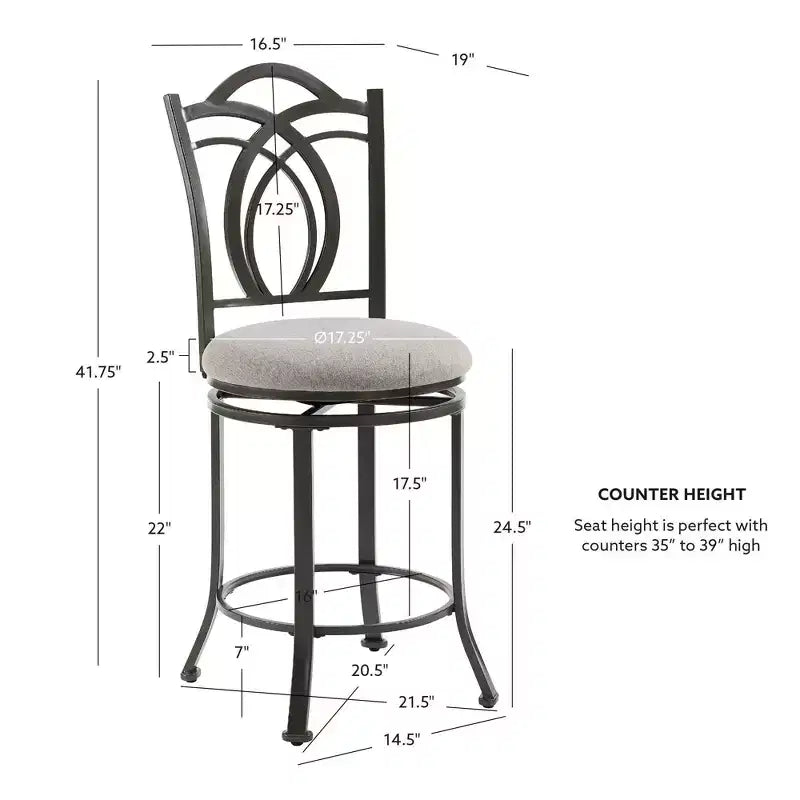 Linon Calif Metal Curved Patterned Backrest and Beige Padded 360 Degree Swivel Seat Counter Height Barstool Pewter: Upholstered, Powder-Coated Finish