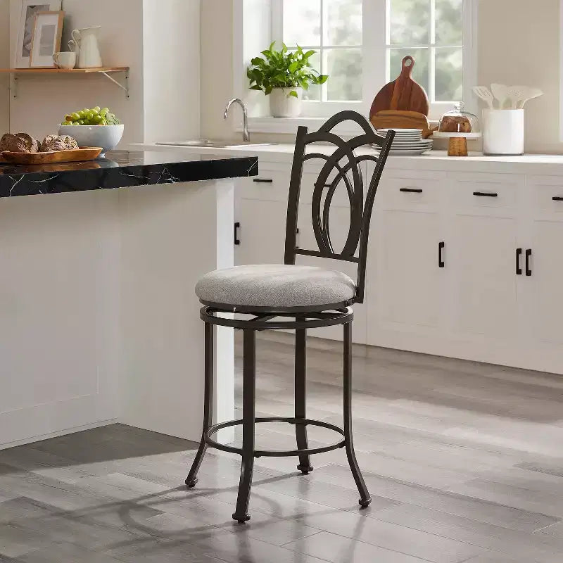 Linon Calif Metal Curved Patterned Backrest and Beige Padded 360 Degree Swivel Seat Counter Height Barstool Pewter: Upholstered, Powder-Coated Finish