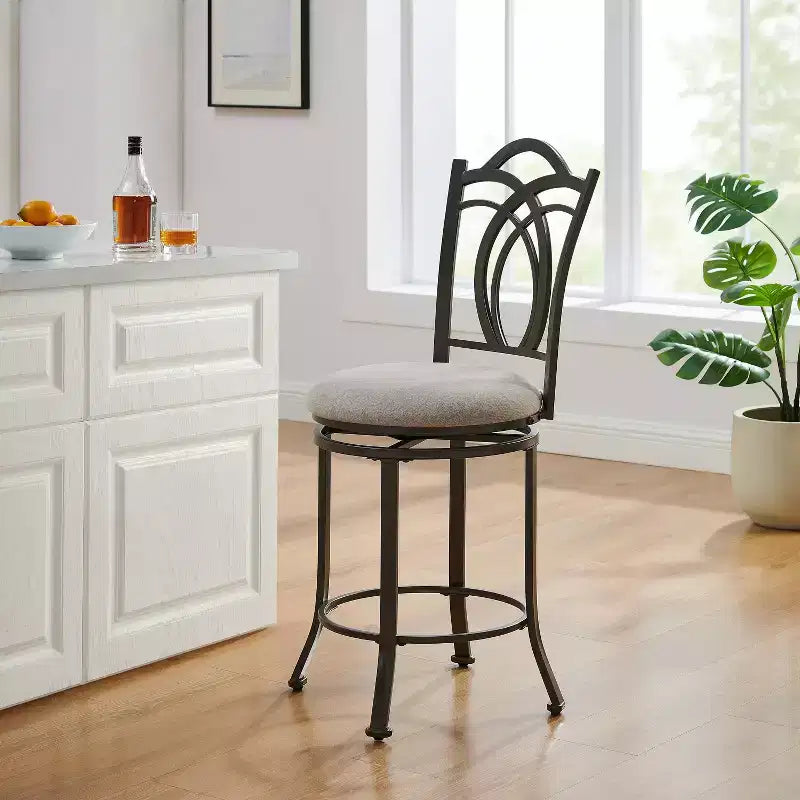 Linon Calif Metal Curved Patterned Backrest and Beige Padded 360 Degree Swivel Seat Counter Height Barstool Pewter: Upholstered, Powder-Coated Finish