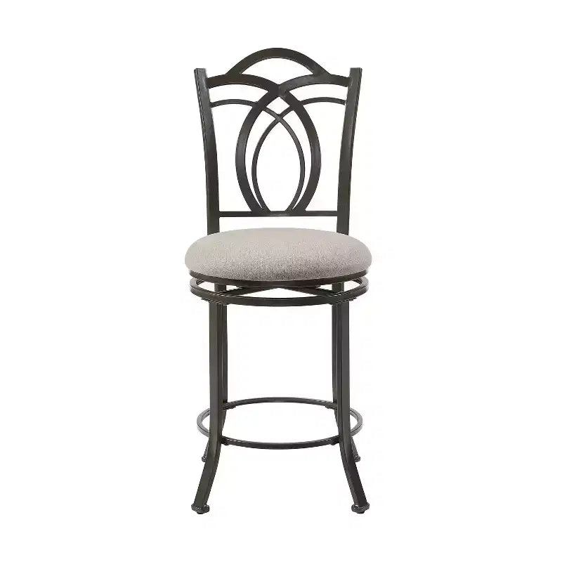 Linon Calif Metal Curved Patterned Backrest and Beige Padded 360 Degree Swivel Seat Counter Height Barstool Pewter: Upholstered, Powder-Coated Finish