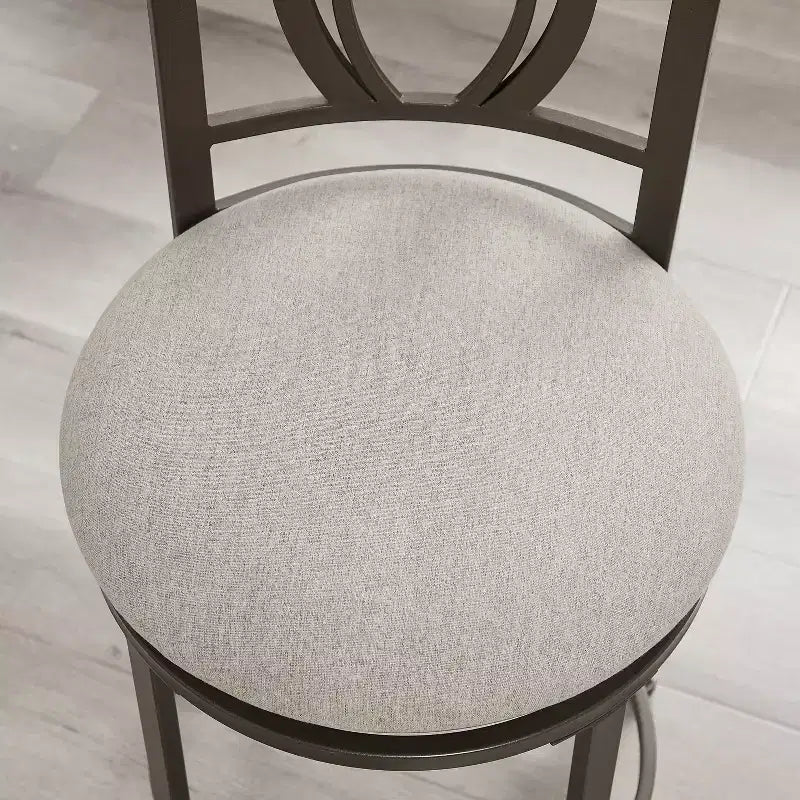 Linon Calif Metal Curved Patterned Backrest and Beige Padded 360 Degree Swivel Seat Counter Height Barstool Pewter: Upholstered, Powder-Coated Finish