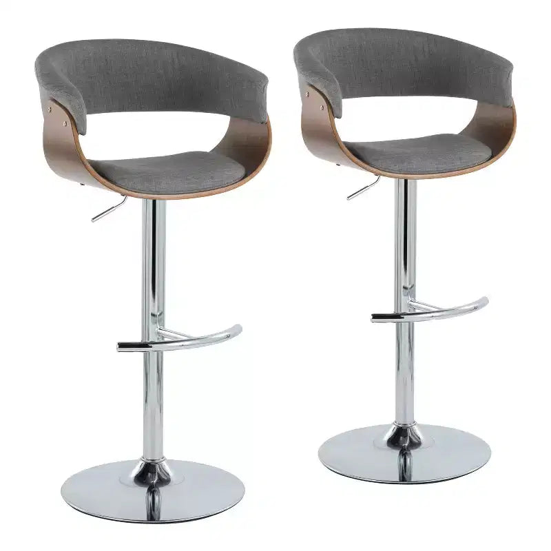 Set of 2 Vintage Modern Adjustable Barstools Chrome/Walnut/Light Gray - LumiSource: Swivel Seats, Metal Frame, Polyester Upholstery