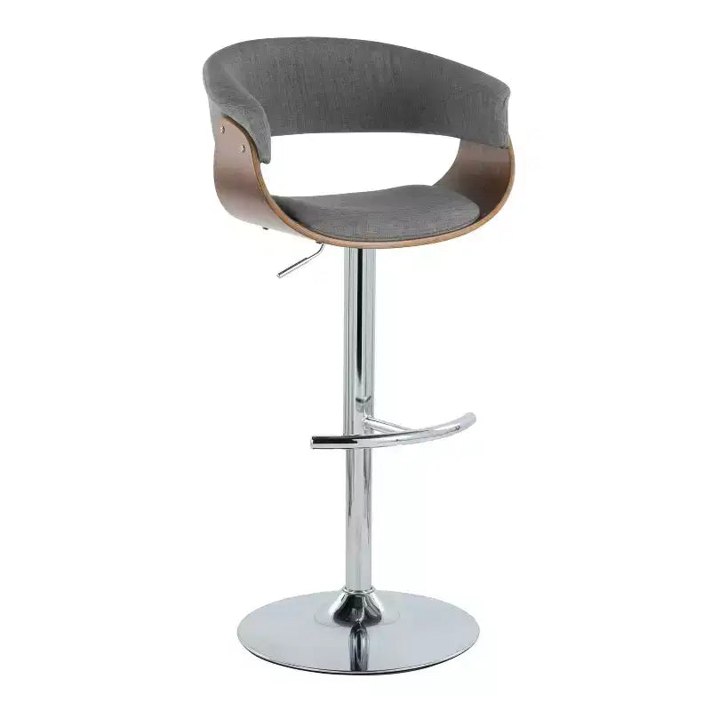Set of 2 Vintage Modern Adjustable Barstools Chrome/Walnut/Light Gray - LumiSource: Swivel Seats, Metal Frame, Polyester Upholstery