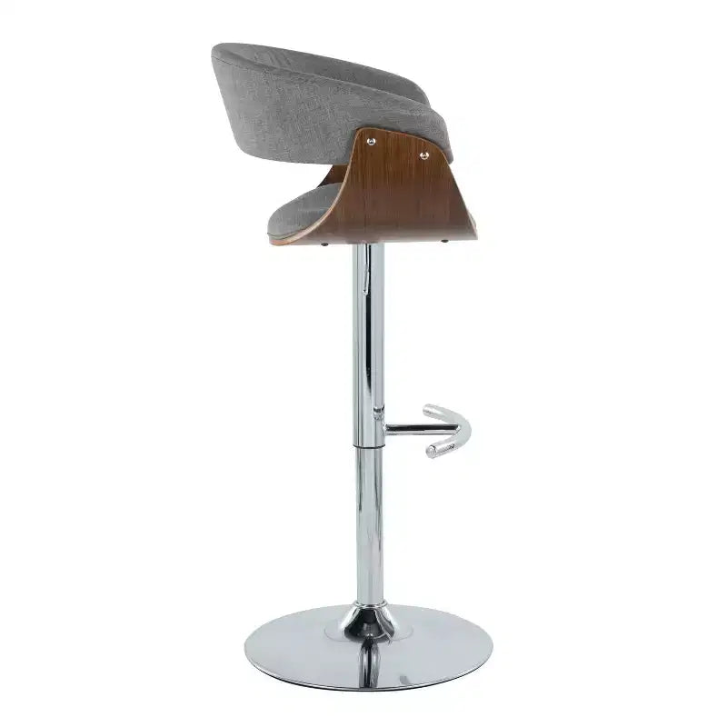 Set of 2 Vintage Modern Adjustable Barstools Chrome/Walnut/Light Gray - LumiSource: Swivel Seats, Metal Frame, Polyester Upholstery