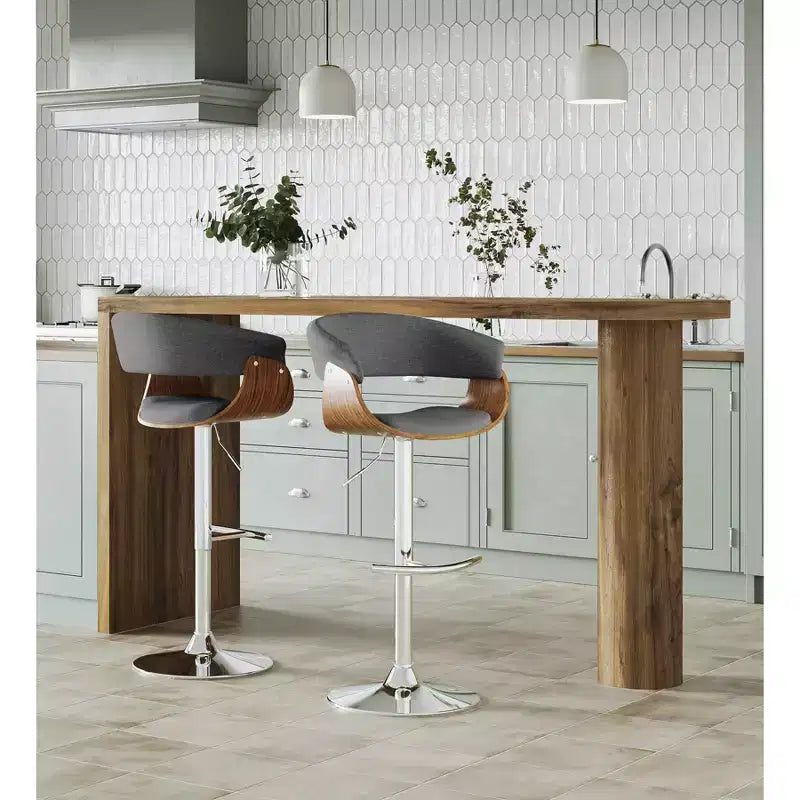 Set of 2 Vintage Modern Adjustable Barstools Chrome/Walnut/Light Gray - LumiSource: Swivel Seats, Metal Frame, Polyester Upholstery