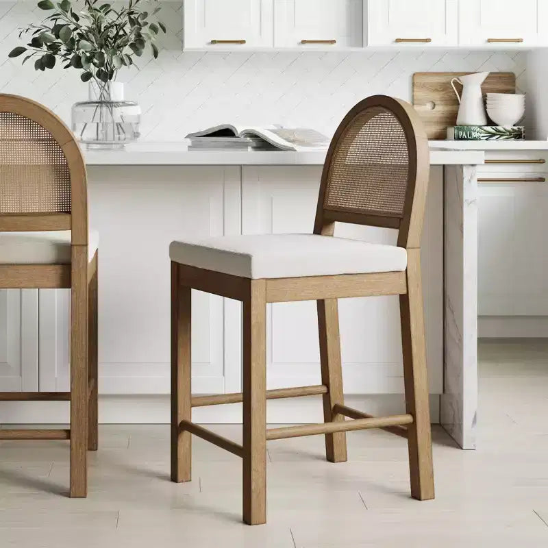 Nathan James Bailey Curved Back Counter Height Barstool Light Brown Wood Rattan Cream Boucle: Upholstered Cotton, Rubberwood Frame