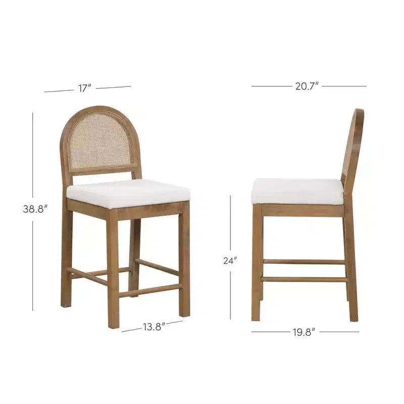 Nathan James Bailey Curved Back Counter Height Barstool Light Brown Wood Rattan Cream Boucle: Upholstered Cotton, Rubberwood Frame