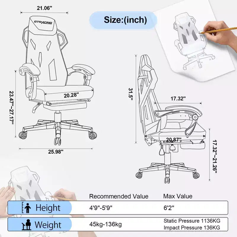 GTRACING Gaming Chair Mesh Computer Chair Ergonomic Recliner with Footrest White