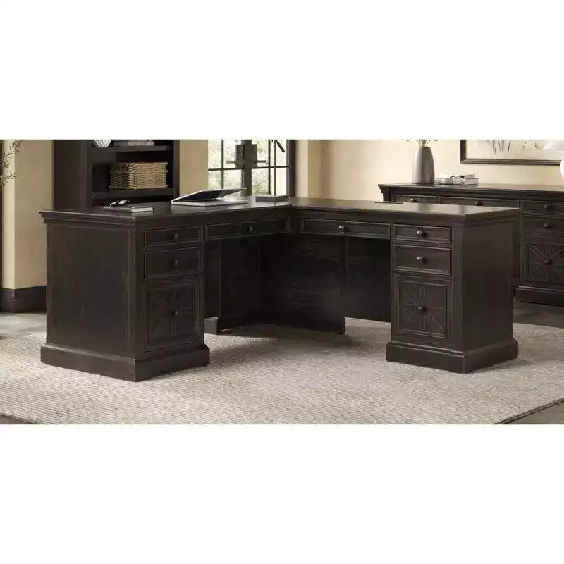 Kingston Traditional Wood L-Desk & Return with Mottled Antique Hardware - Martin Furniture