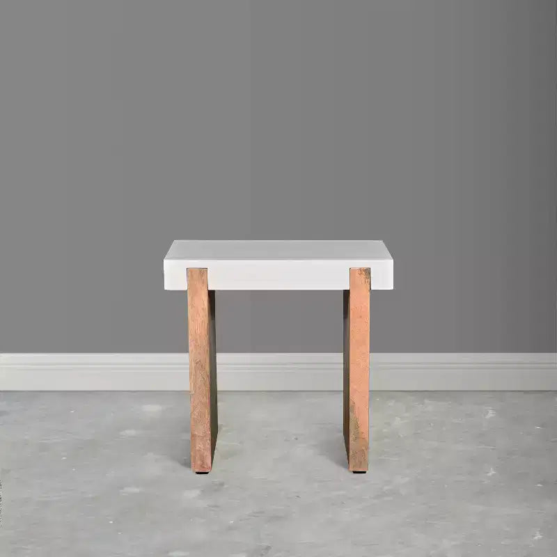 The Urban Port 20" Rectangular End Side Table Mango Wood Sled Base Glos White/Natural Brown