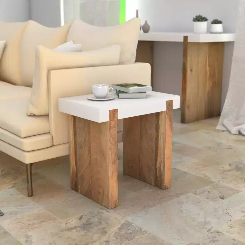 The Urban Port 20" Rectangular End Side Table Mango Wood Sled Base Glos White/Natural Brown