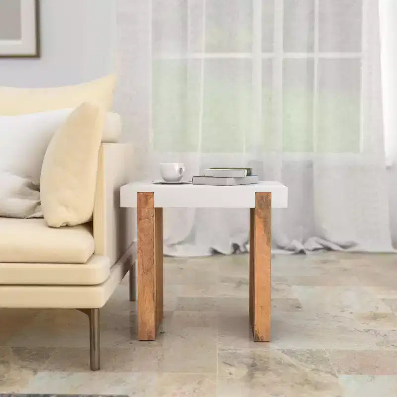 The Urban Port 20" Rectangular End Side Table Mango Wood Sled Base Glos White/Natural Brown