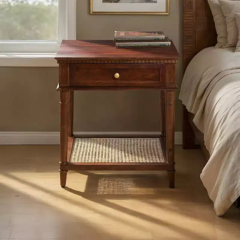 Storied Home Maxwelton Solid Wood End Accent Table Dark Chestnut/Natural: Traditional Style, Cane Shelf, Hidden Compartment