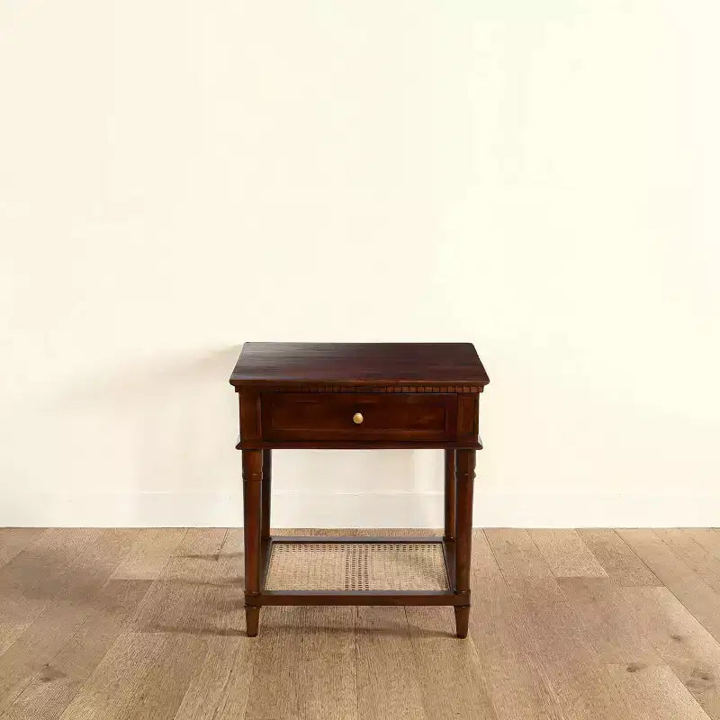 Storied Home Maxwelton Solid Wood End Accent Table Dark Chestnut/Natural: Traditional Style, Cane Shelf, Hidden Compartment