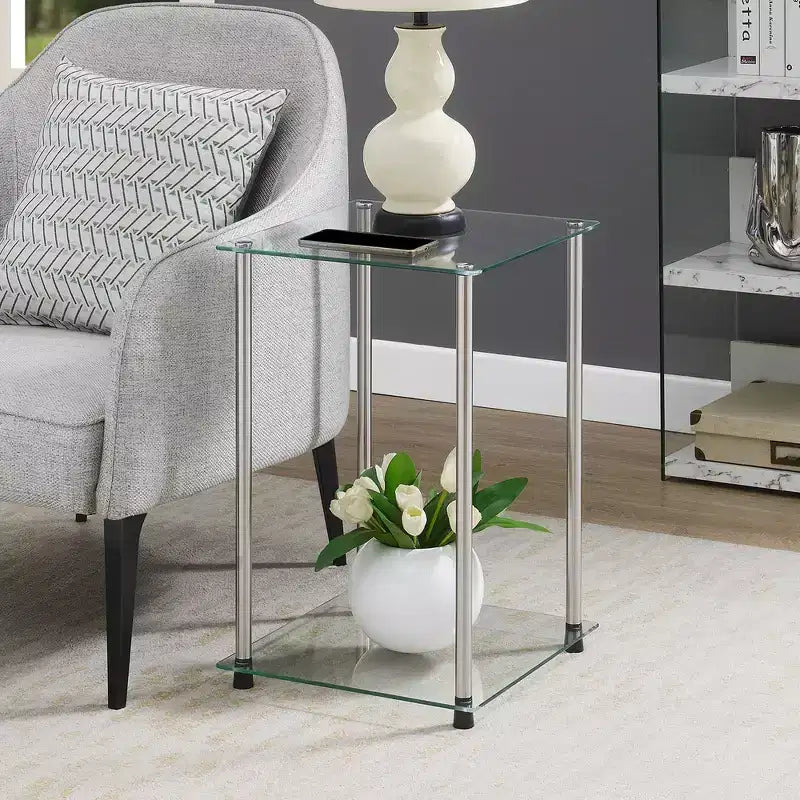 Breighton Home Designs2Go Classic Glass 2 Tier Square End Table in Glass/Chrome