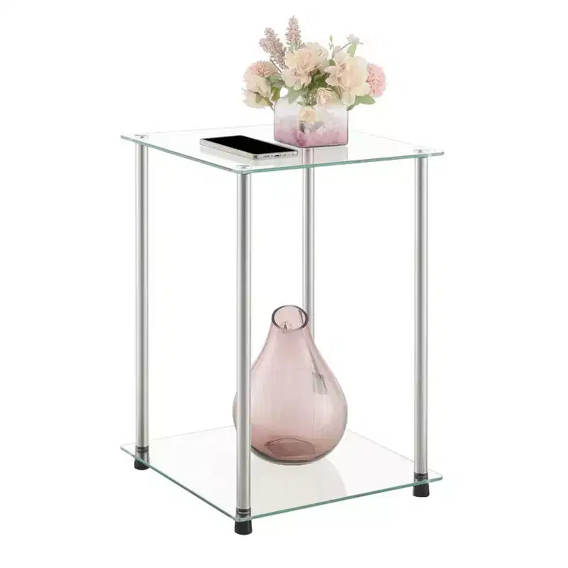 Breighton Home Designs2Go Classic Glass 2 Tier Square End Table in Glass/Chrome