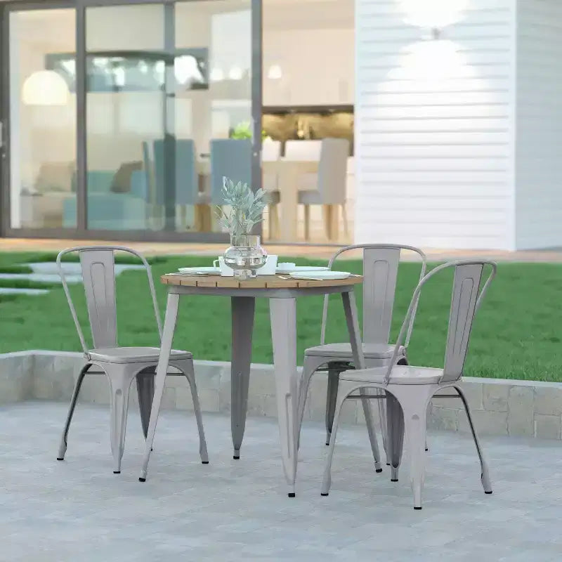 Emma and Oliver Indoor/Outdoor Dining Table, 30 Round All Weather Poly Resin Top with Steel Base