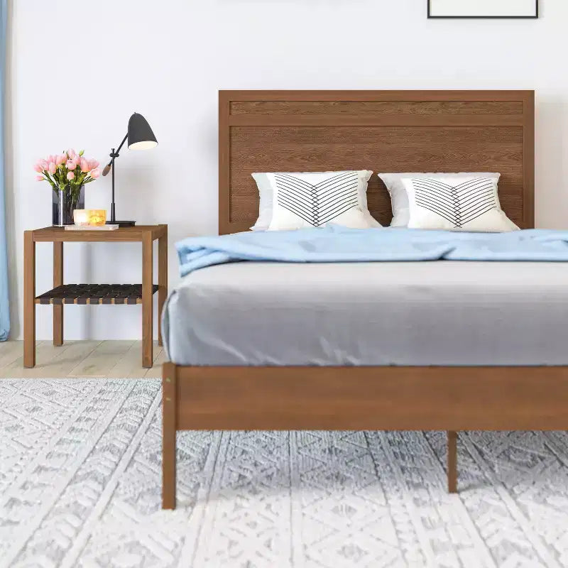 Merrick Lane Solid Wood Platform Bed with Wooden Slats and Headboard, No Box Spring Needed