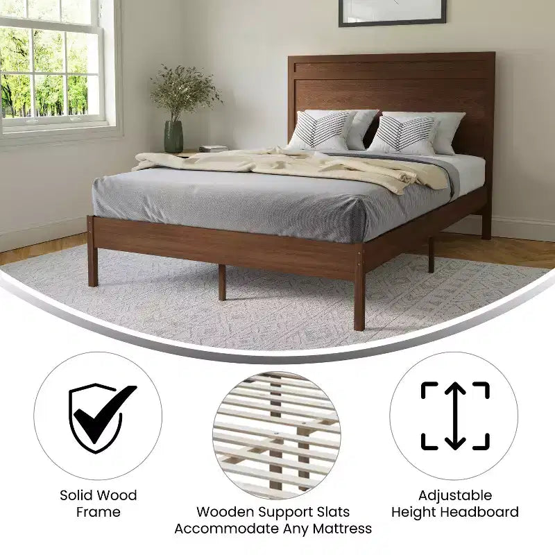 Merrick Lane Solid Wood Platform Bed with Wooden Slats and Headboard, No Box Spring Needed