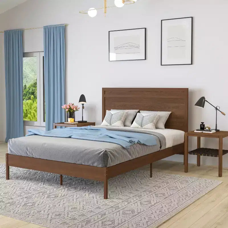 Merrick Lane Solid Wood Platform Bed with Wooden Slats and Headboard, No Box Spring Needed