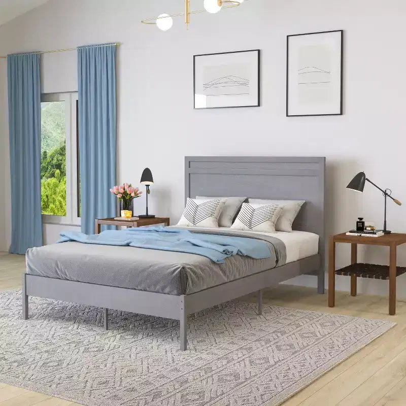 Merrick Lane Solid Wood Platform Bed with Wooden Slats and Headboard, No Box Spring Needed