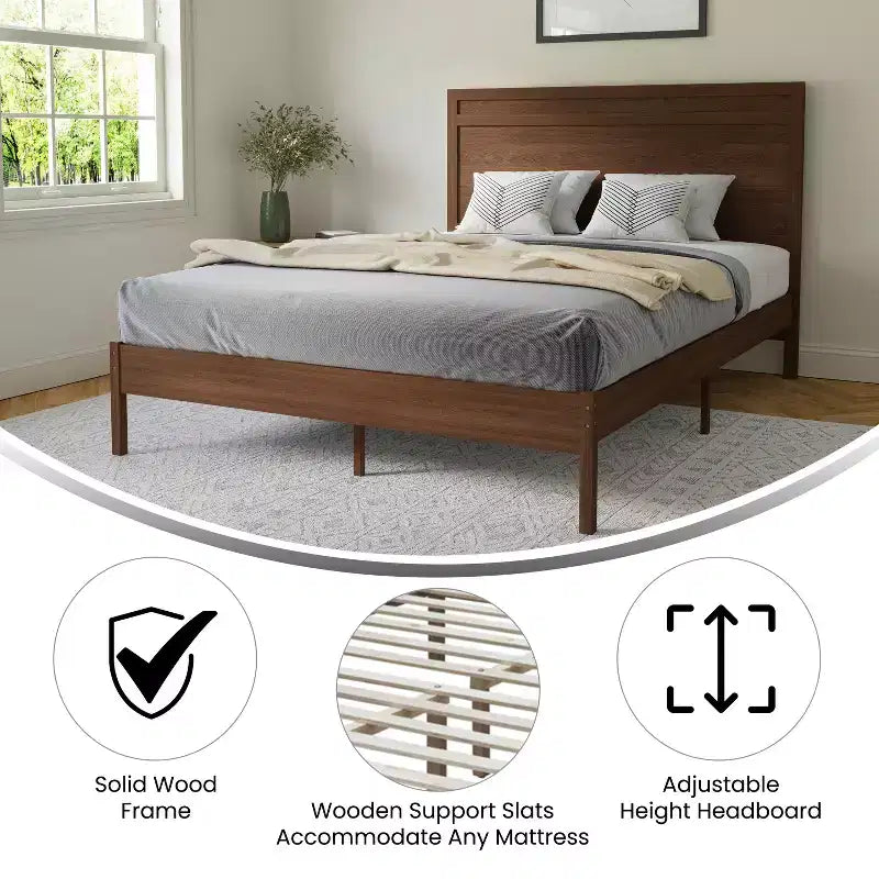 Merrick Lane Solid Wood Platform Bed with Wooden Slats and Headboard, No Box Spring Needed