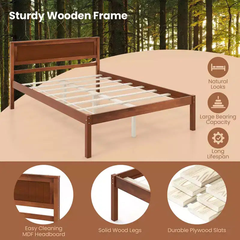 Costway Full/Queen/Twin Size Wooden Platform Bed Frame with Headboard Mattress Foundation Natural