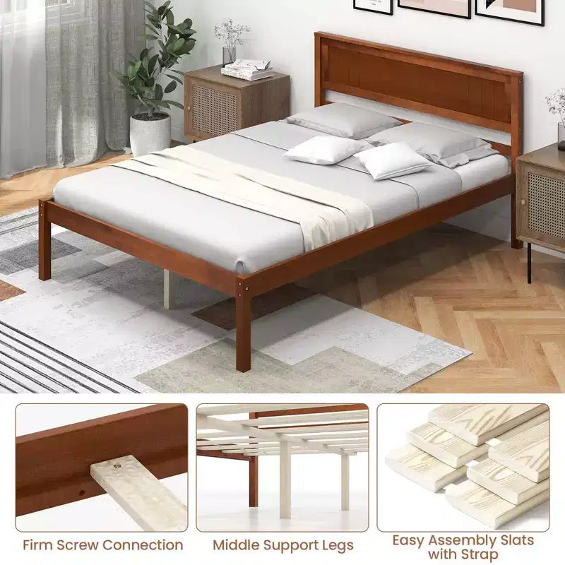 Costway Full/Queen/Twin Size Wooden Platform Bed Frame with Headboard Mattress Foundation Natural