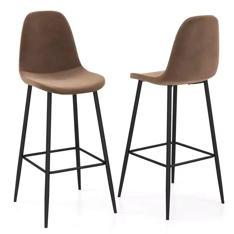 Costway Set of 2 Bar Stools 29.5'' Velvet Upholstered High Back Bar Chairs Kitchen Brown/Grey