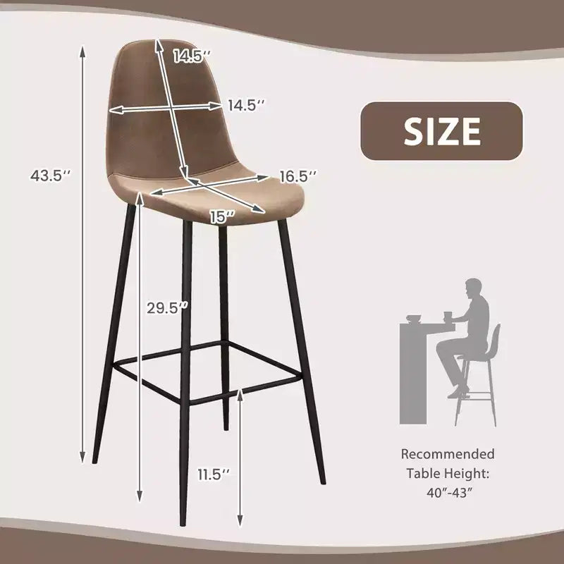 Costway Set of 2 Bar Stools 29.5'' Velvet Upholstered High Back Bar Chairs Kitchen Brown/Grey