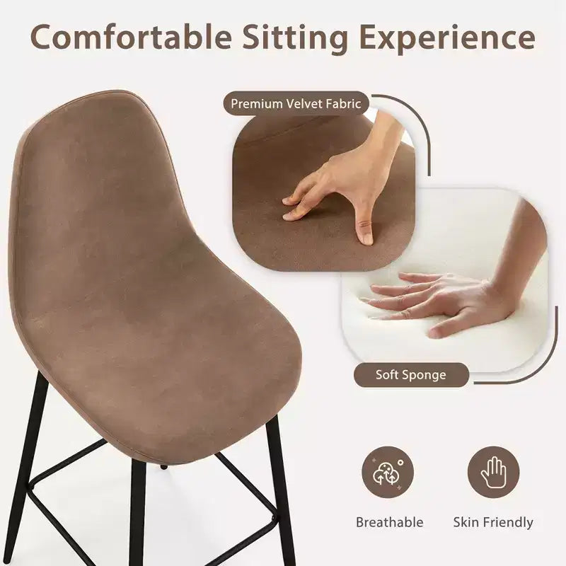Costway Set of 2 Bar Stools 29.5'' Velvet Upholstered High Back Bar Chairs Kitchen Brown/Grey