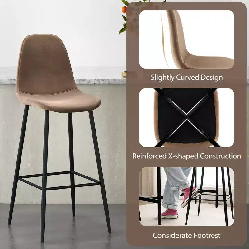 Costway Set of 2 Bar Stools 29.5'' Velvet Upholstered High Back Bar Chairs Kitchen Brown/Grey