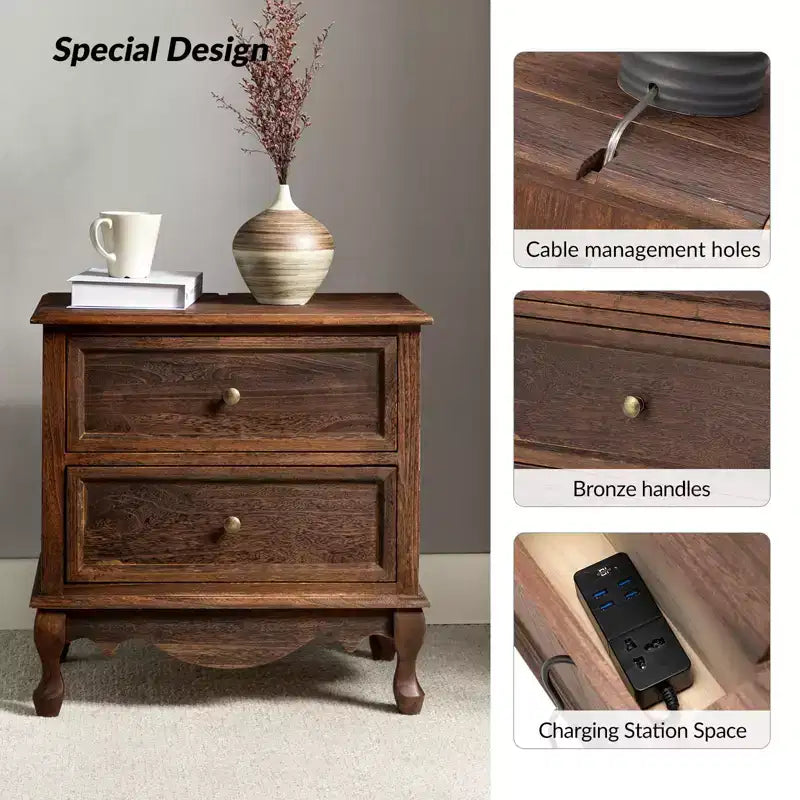 Set of 2 Galatea Traditional 24 Tall 2 - Drawer end table with Two Drawers and Charging Station | KARAT HOME