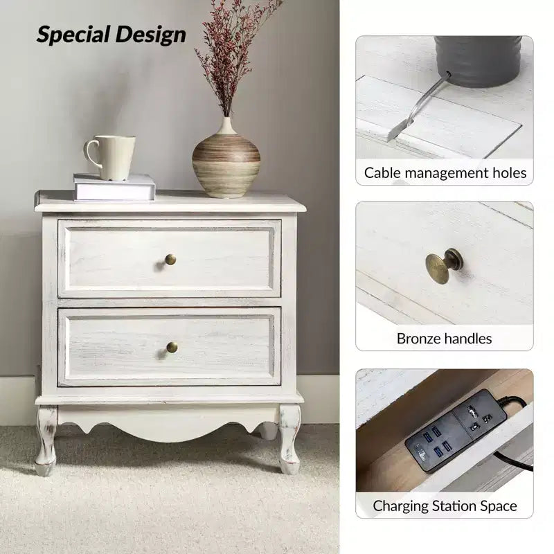 Set of 2 Galatea Traditional 24 Tall 2 - Drawer end table with Two Drawers and Charging Station | KARAT HOME