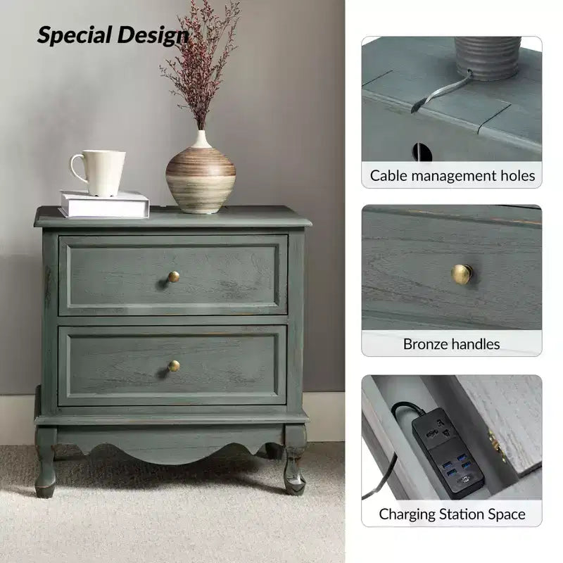 Set of 2 Galatea Traditional 24 Tall 2 - Drawer end table with Two Drawers and Charging Station | KARAT HOME