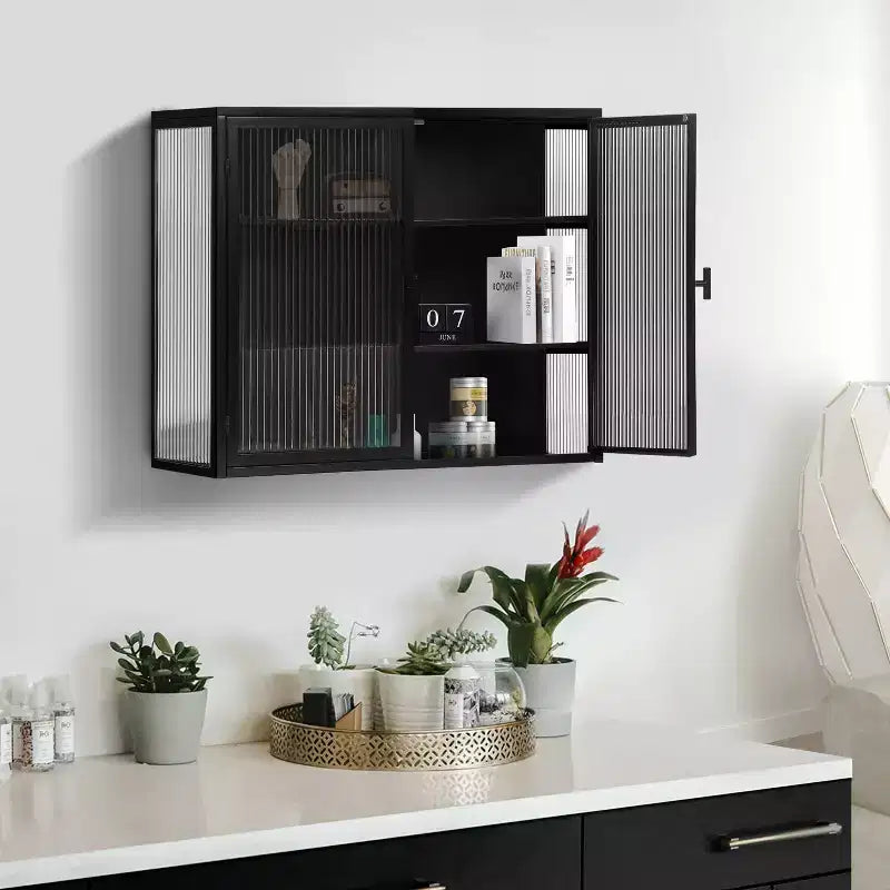 27.56 Modern 2 Glass Door Wall Cabinet with Triple Tier Storage - ModernLuxe