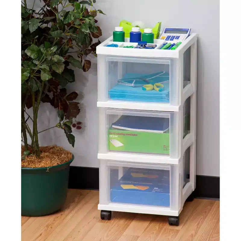 IRIS USA 3 Drawer Rolling Storage Cart with Organizer Top, White