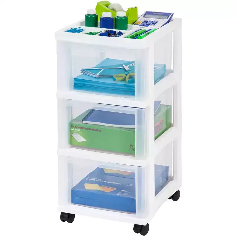 IRIS USA 3 Drawer Rolling Storage Cart with Organizer Top, White