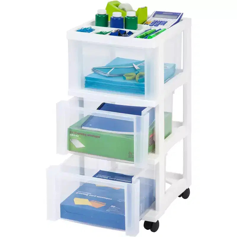 IRIS USA 3 Drawer Rolling Storage Cart with Organizer Top, White