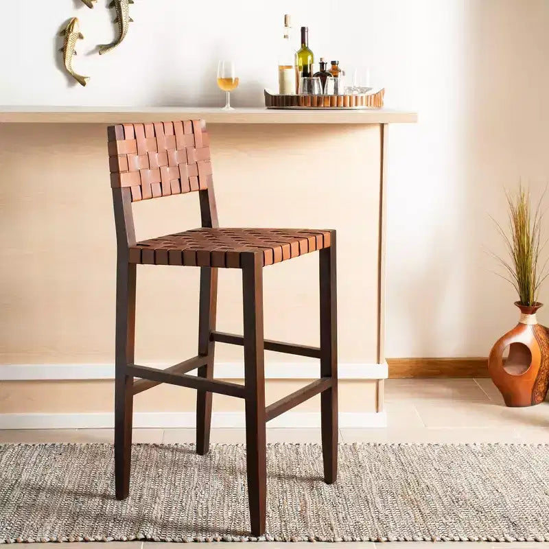 Paxton Woven Leather Barstool - BST1002 - Cognac/Walnut Finish - Safavieh