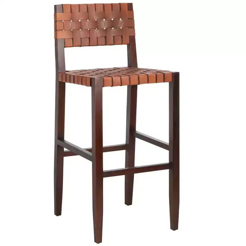 Paxton Woven Leather Barstool - BST1002 - Cognac/Walnut Finish - Safavieh