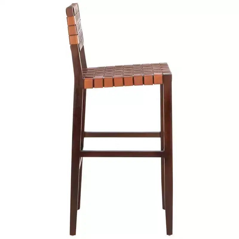 Paxton Woven Leather Barstool - BST1002 - Cognac/Walnut Finish - Safavieh