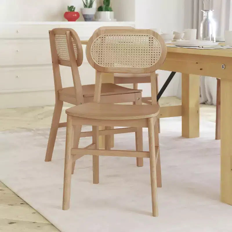 Emma and Oliver Set of 2 Cane Rattan Dining or Accent Chairs with Solid Wood Frames and Seats and Woven Backrest