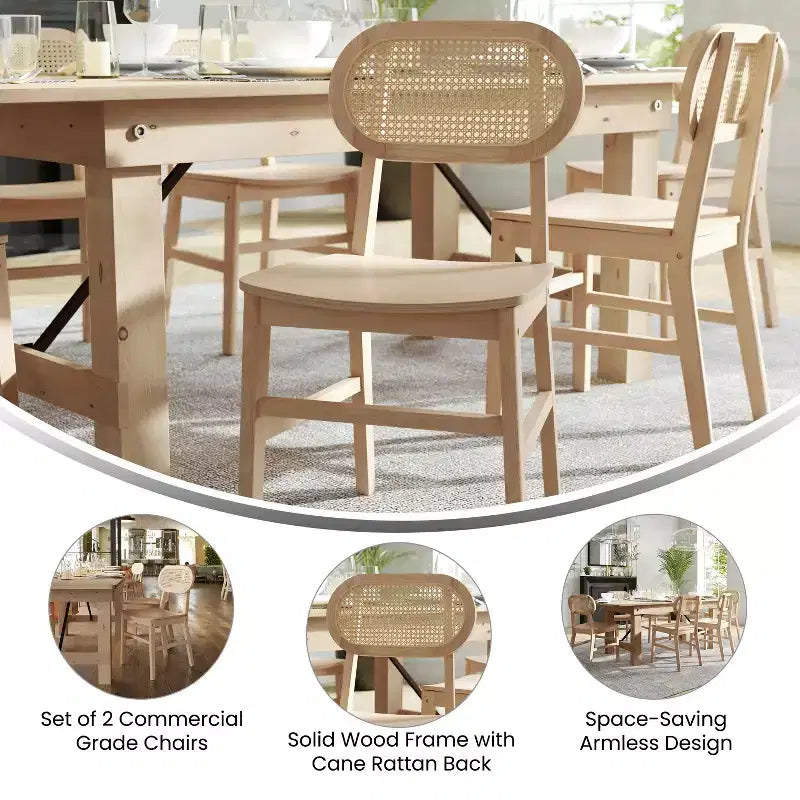 Emma and Oliver Set of 2 Cane Rattan Dining or Accent Chairs with Solid Wood Frames and Seats and Woven Backrest