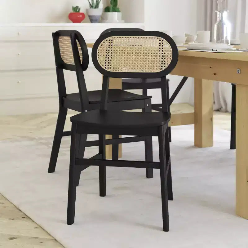 Emma and Oliver Set of 2 Cane Rattan Dining or Accent Chairs with Solid Wood Frames and Seats and Woven Backrest