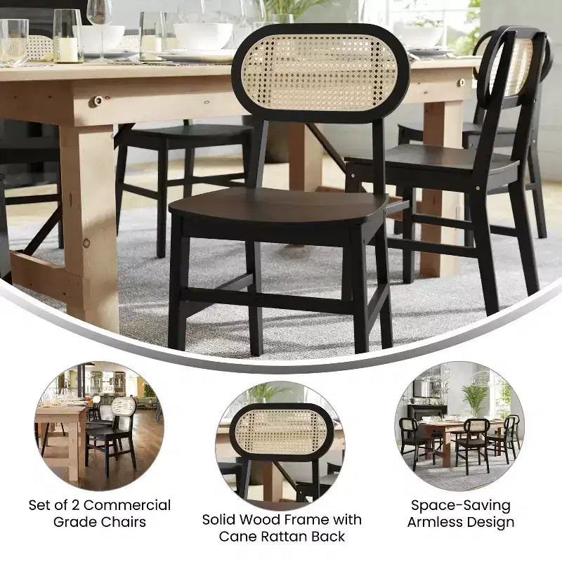 Emma and Oliver Set of 2 Cane Rattan Dining or Accent Chairs with Solid Wood Frames and Seats and Woven Backrest